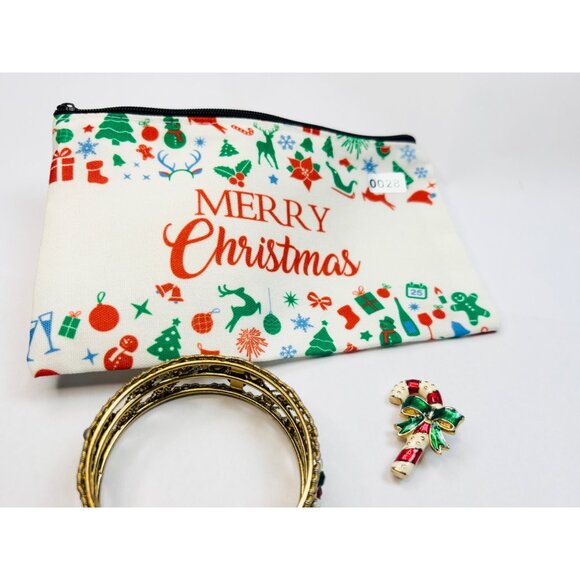 Merry Christmas Pouch W/Gold Bangles & Candy Cane Brooch Set - Picture 1 of 6